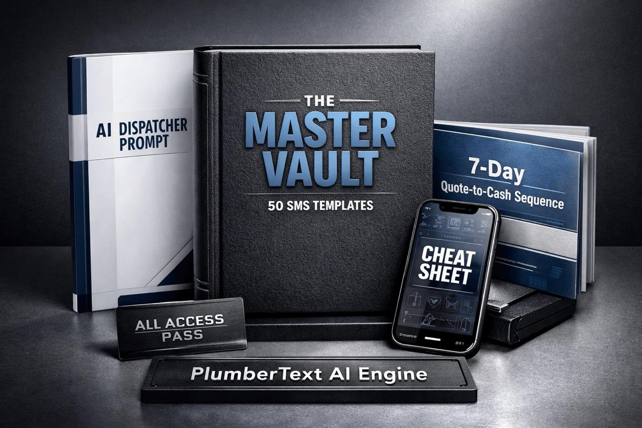 PlumberText AI Engine - Master Vault of 50 SMS templates, AI Dispatcher Prompt, 7-Day Quote-to-Cash Sequence and Mobile Cheat Sheet for Australian plumbers